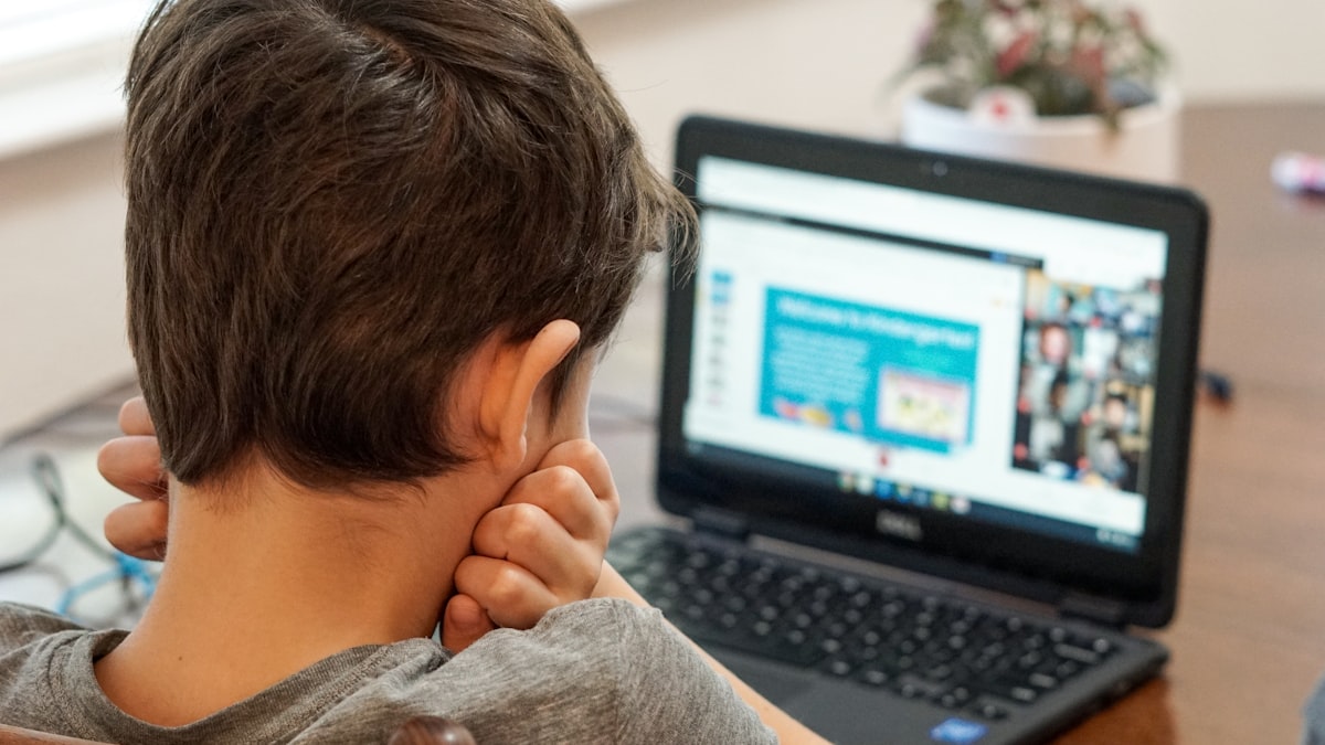 Elev tanar la laptop folosind inteligenta artificiala pentru teme