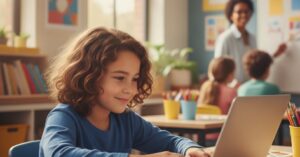 Copil care învață coding alături de inteligență artificială la un laptop