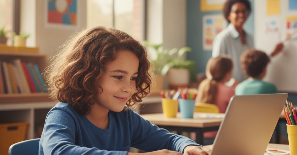 Copil care învață coding alături de inteligență artificială la un laptop