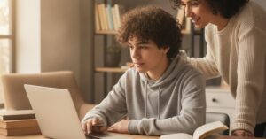 Adolescent și părinte care învață împreună despre inteligența artificială la laptop