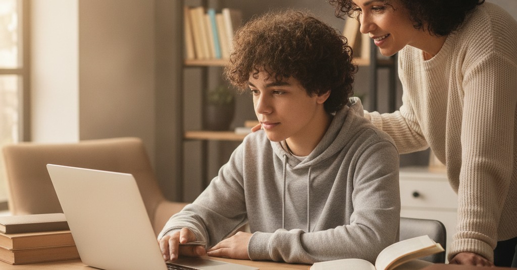 Adolescent și părinte care învață împreună despre inteligența artificială la laptop