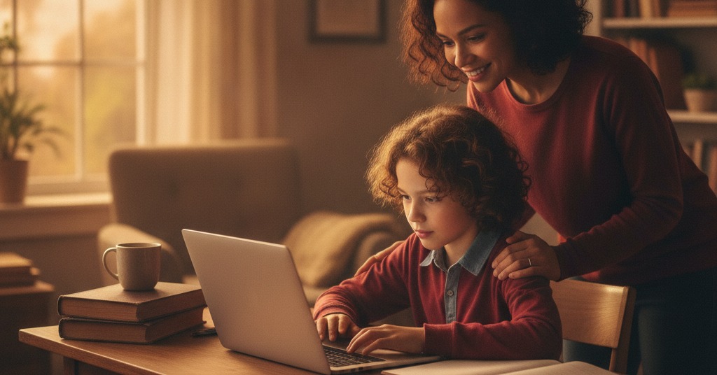 Copil care își face temele seara folosind un laptop și un asistent AI